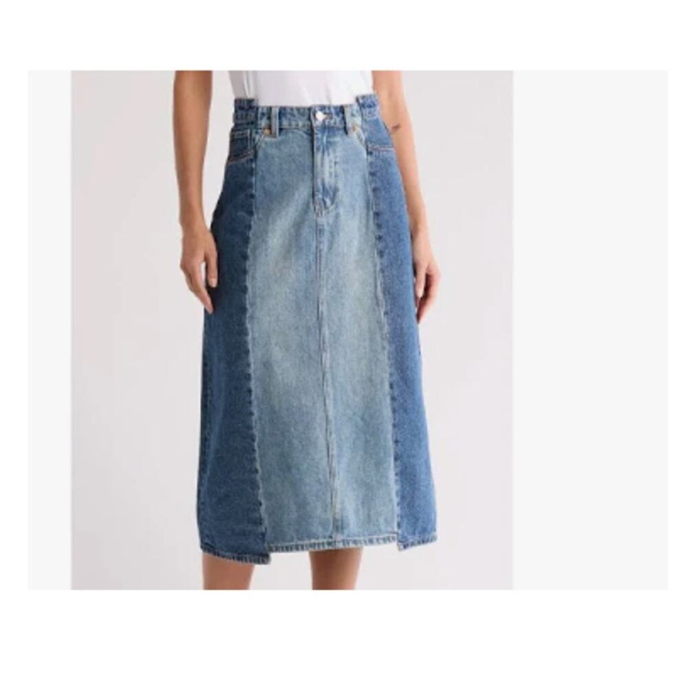 BlankNYC Skirt Women's 26 Blue Two Tone Denim Midi Double Dip Patchwork New